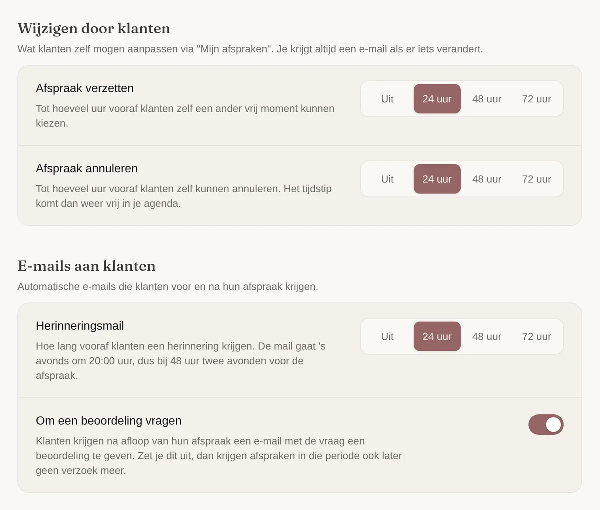 Instellingen in Salon Pelikaan: afspraak verzetten en annuleren tot 24 uur vooraf, en de herinneringsmail 24 uur vooraf, met de keuzes uit, 24, 48 of 72 uur.