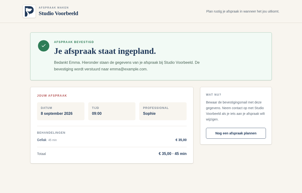 Echte bevestigingspagina van Salon Pelikaan voor Emma haar Gellak-afspraak