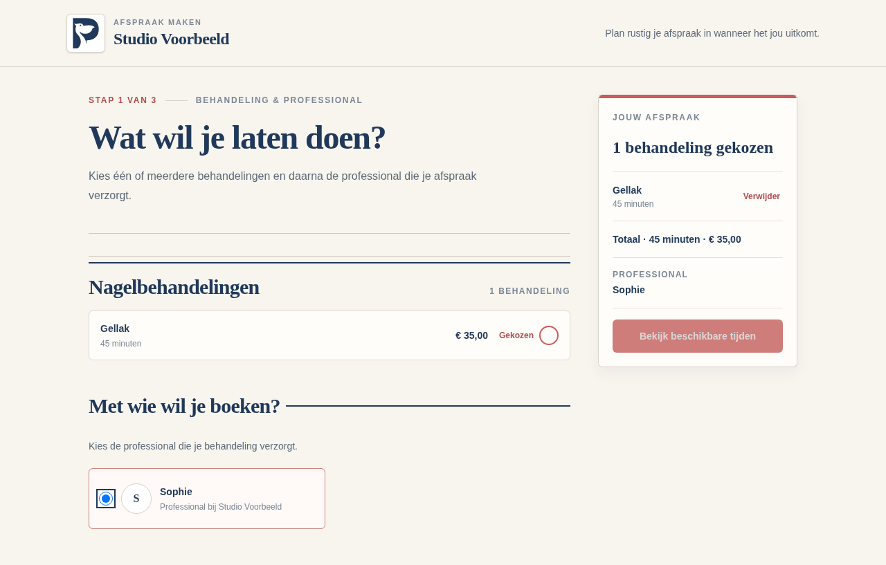 Echte boekingspagina van Salon Pelikaan waarop Emma Gellak bij Sophie kiest