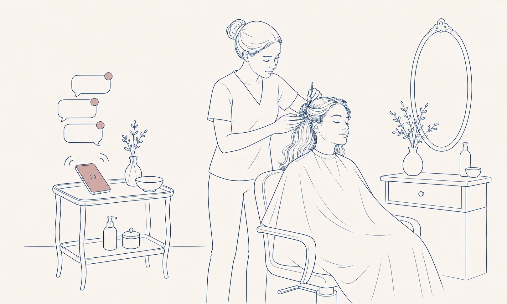 Een salonprofessional werkt met een klant terwijl een telefoon met berichten op een bijzettafel ligt